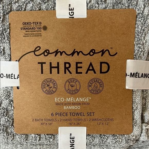 6 Pc Common Thread Eco-Melange Bamboo Towel Set Gray Bath Hand Wash NEW - Picture 2 of 6